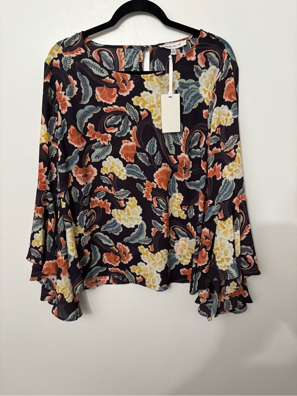 Rose + Olive Floral Bell-Sleeve Blouse - Black/Multi